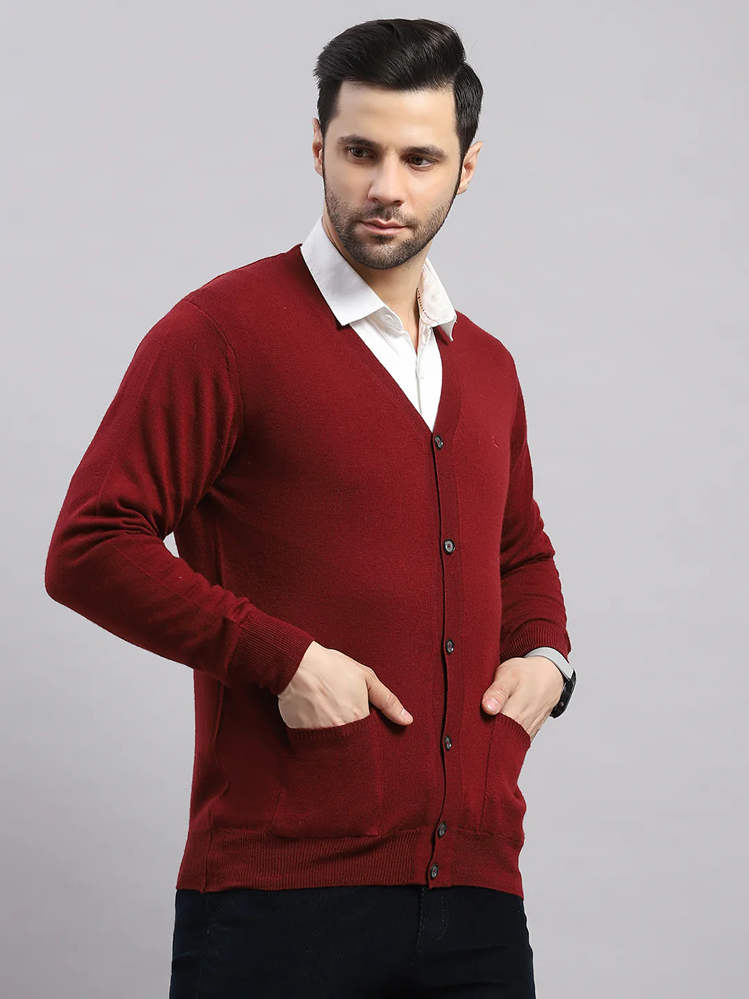 Luxuria Men Maroon Solid V Neck Full Sleeve Cardigan - Image 4