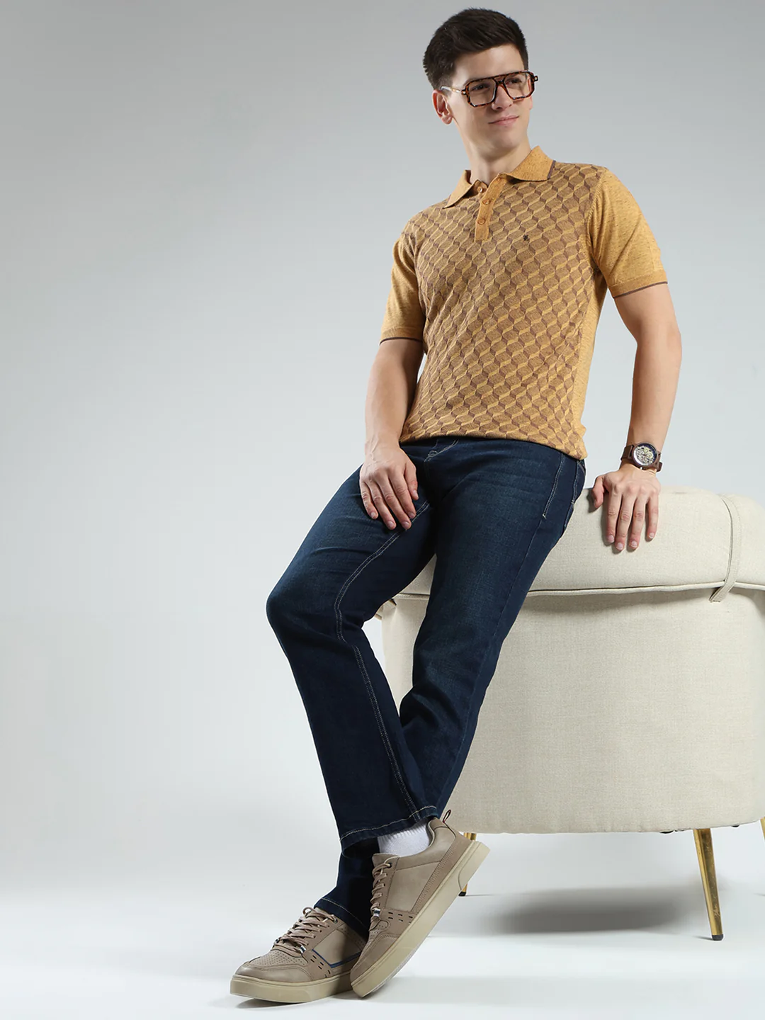 Luxuria Men Mustard Printed Collar Half Sleeve T-Shirt - Image 2