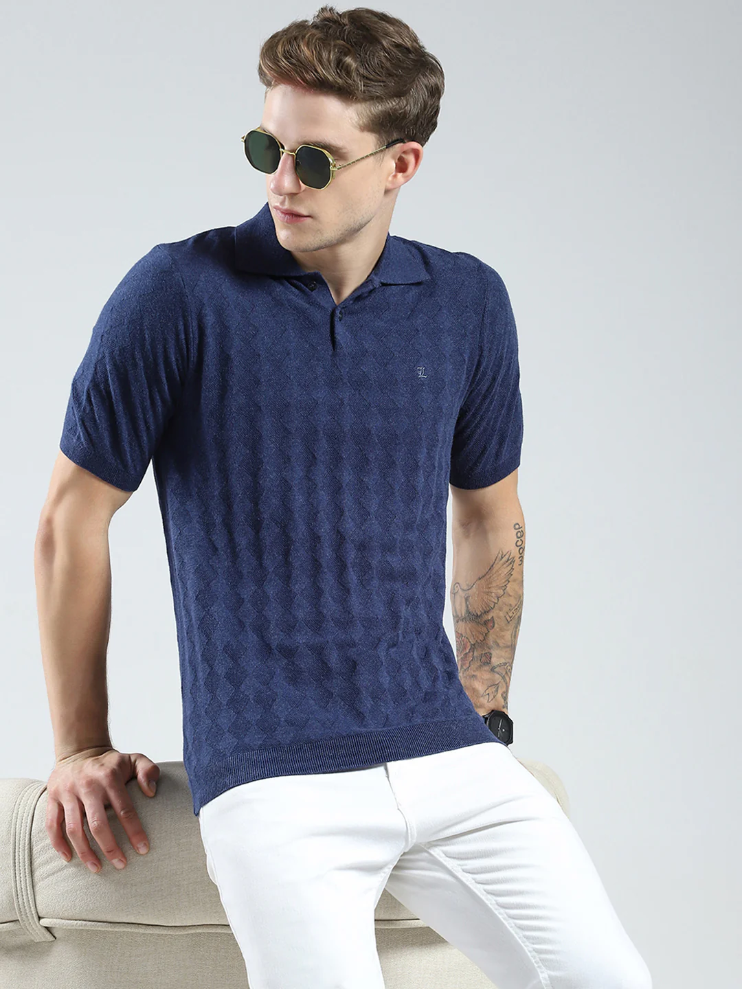 Luxuria Men Navy Blue Self Design Collar Half Sleeve T-Shirt - Image 6