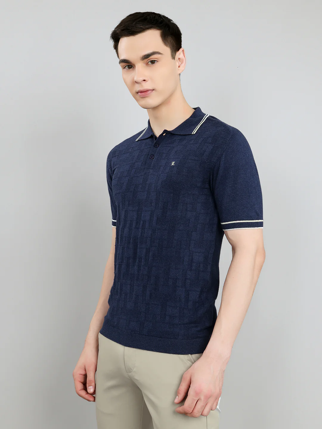 Luxuria Men Navy Blue Self Design Collar Half Sleeve T-Shirt - Image 2