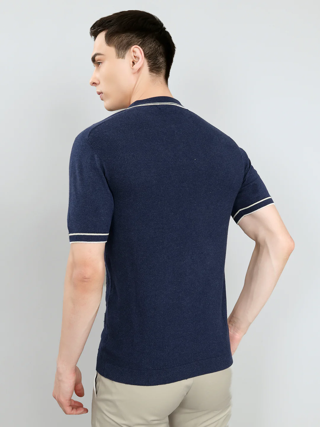 Luxuria Men Navy Blue Self Design Collar Half Sleeve T-Shirt - Image 4