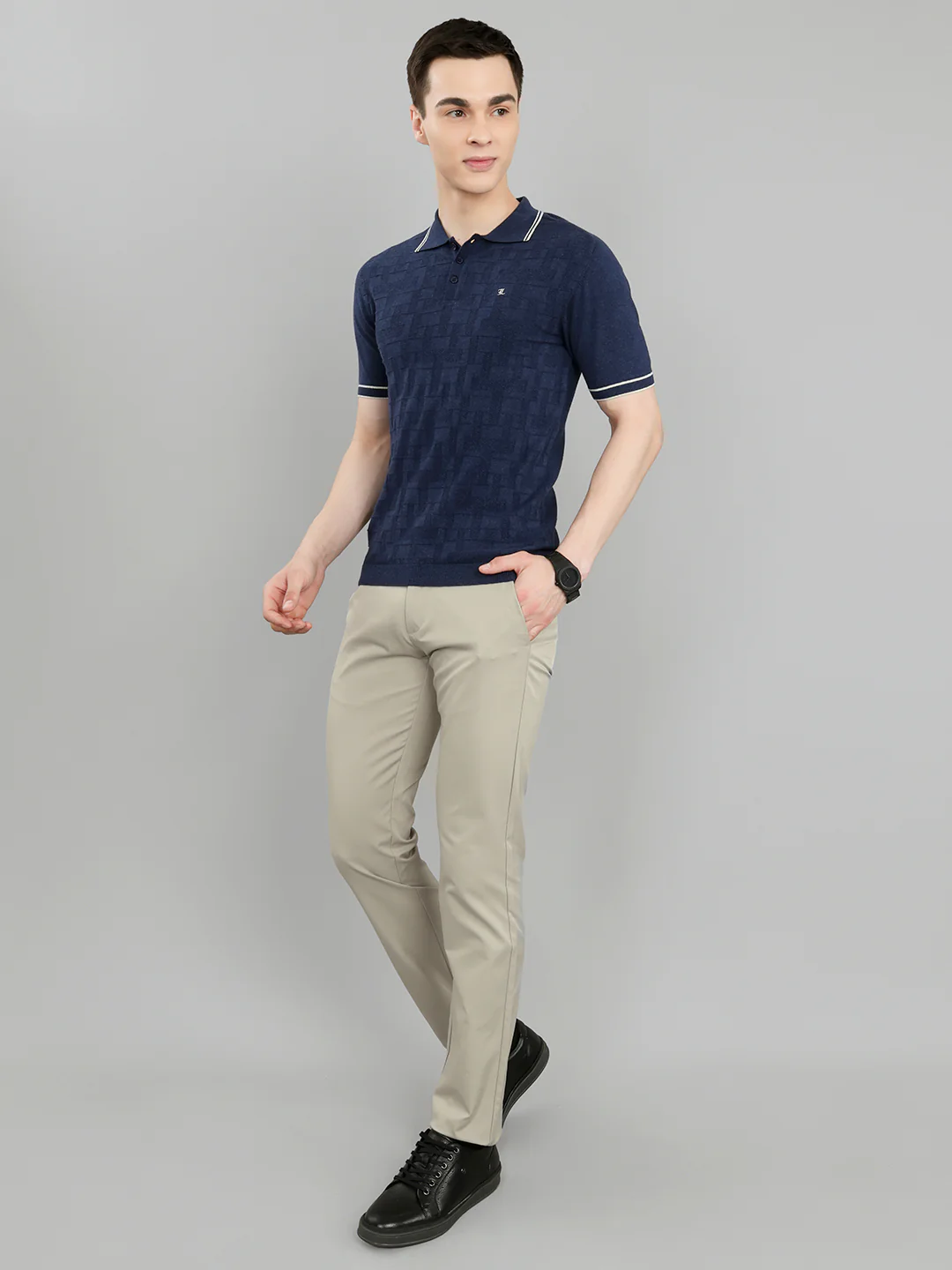 Luxuria Men Navy Blue Self Design Collar Half Sleeve T-Shirt - Image 6