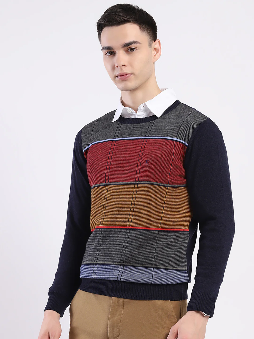 Luxuria Men Navy Blue Self Design Round Neck Full Sleeve Pullover - Image 3