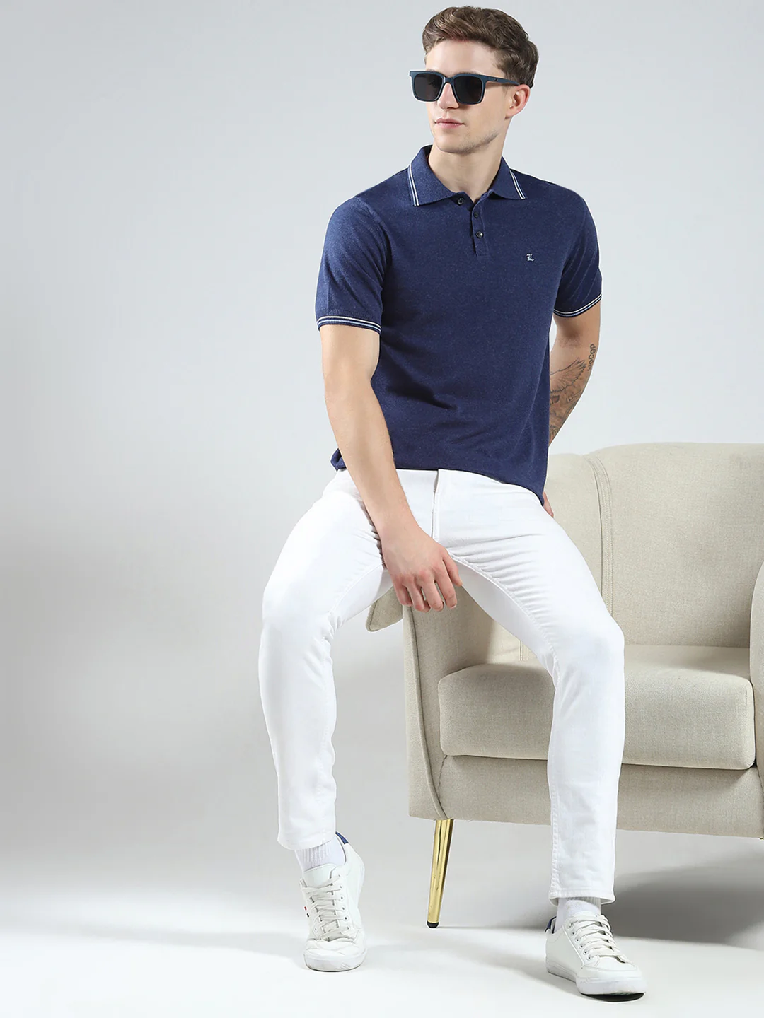 Luxuria Men Navy Blue Solid Collar Half Sleeve T-Shirt - Image 2