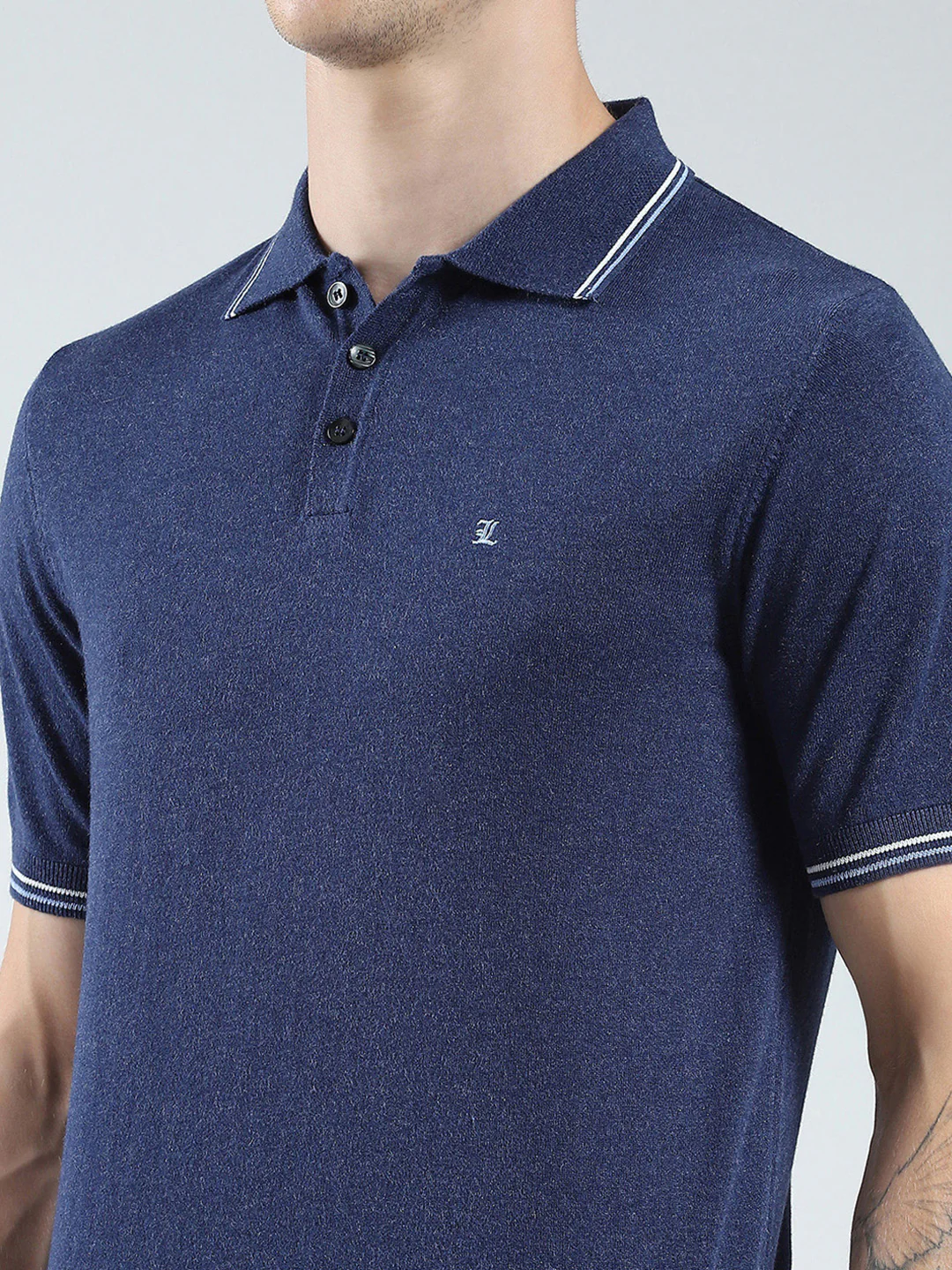 Luxuria Men Navy Blue Solid Collar Half Sleeve T-Shirt - Image 7