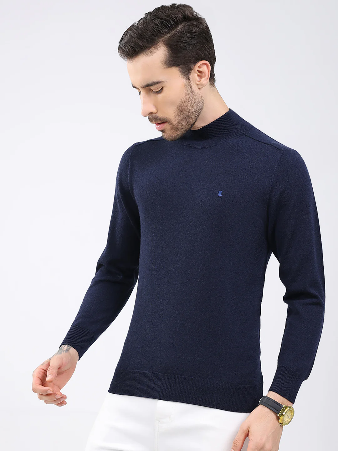 Luxuria Men Navy Blue Solid High Neck Full Sleeve Pullover - Image 3