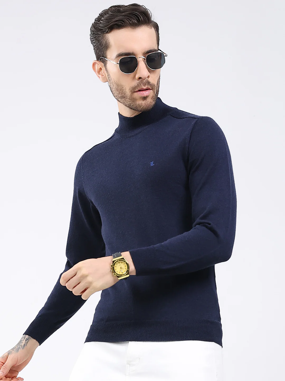 Luxuria Men Navy Blue Solid High Neck Full Sleeve Pullover - Image 6