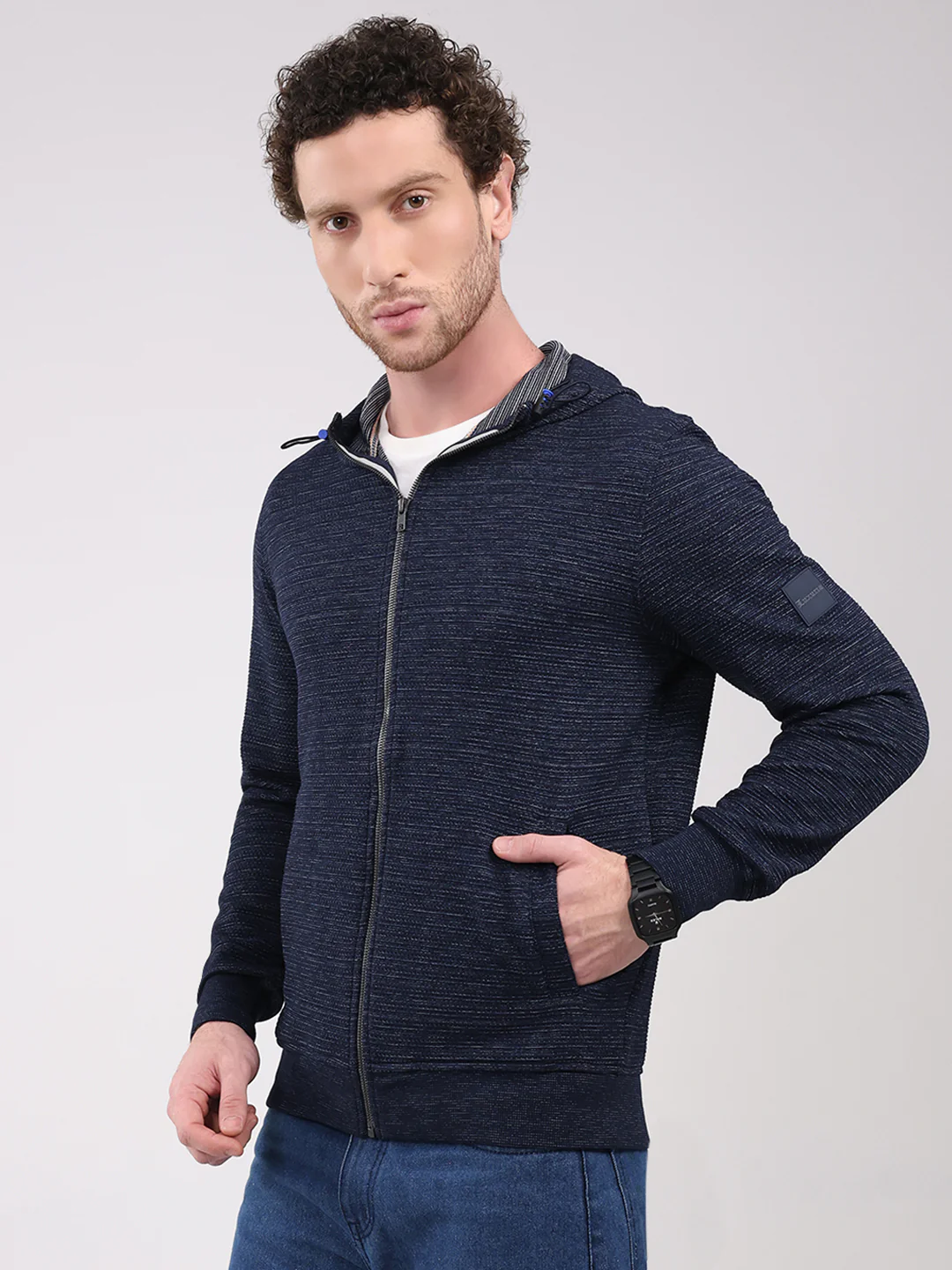 Luxuria Men Navy Blue Solid Hooded Full Sleeve Sweatshirt - Image 3