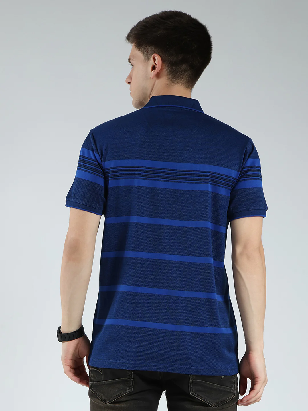 Luxuria Men Navy Blue Stripe Collar Half Sleeve T-Shirt - Image 5