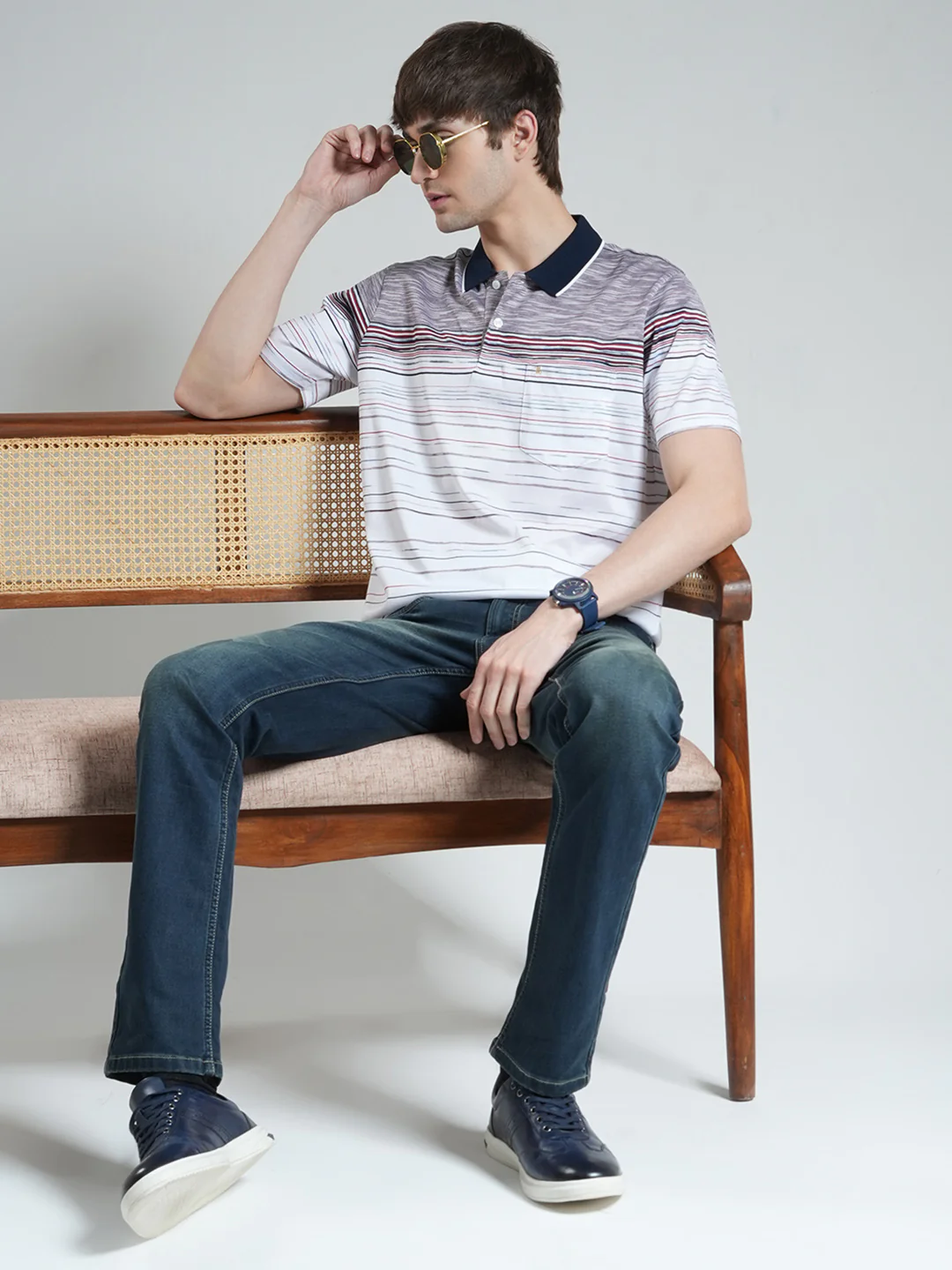Luxuria Men Off White Stripe Collar Half Sleeve T-Shirt - Image 2