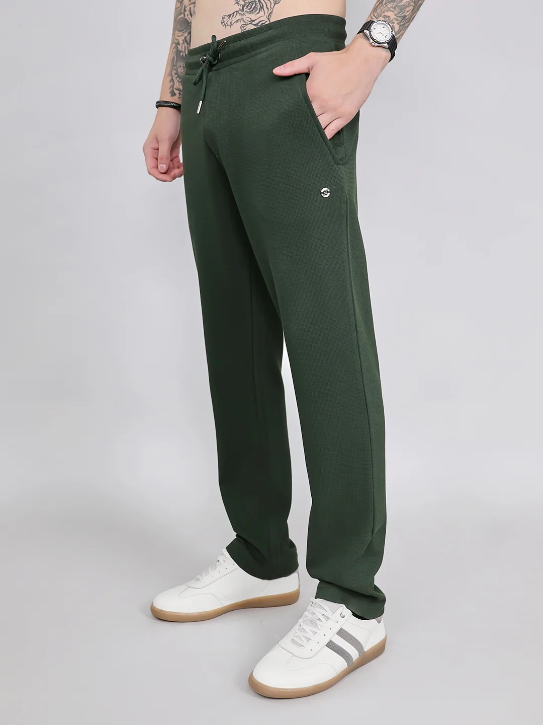 Luxuria Men Olive Solid Regular Fit Lower - Image 3