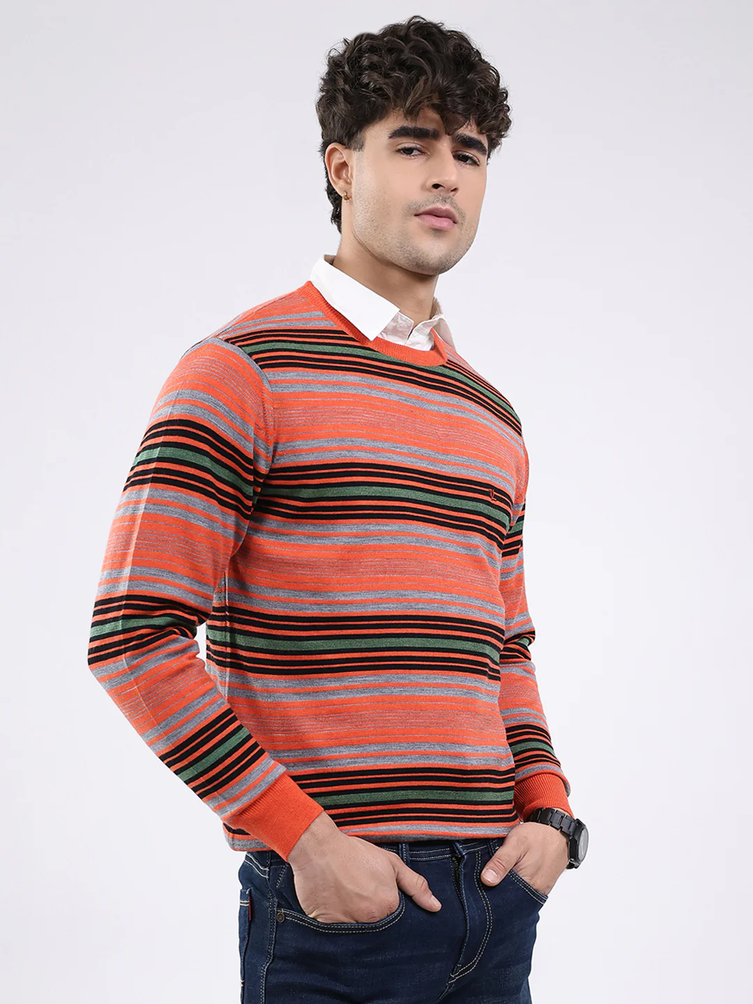 Luxuria Men Orange Self Design Round Neck Full Sleeve Pullover - Image 4