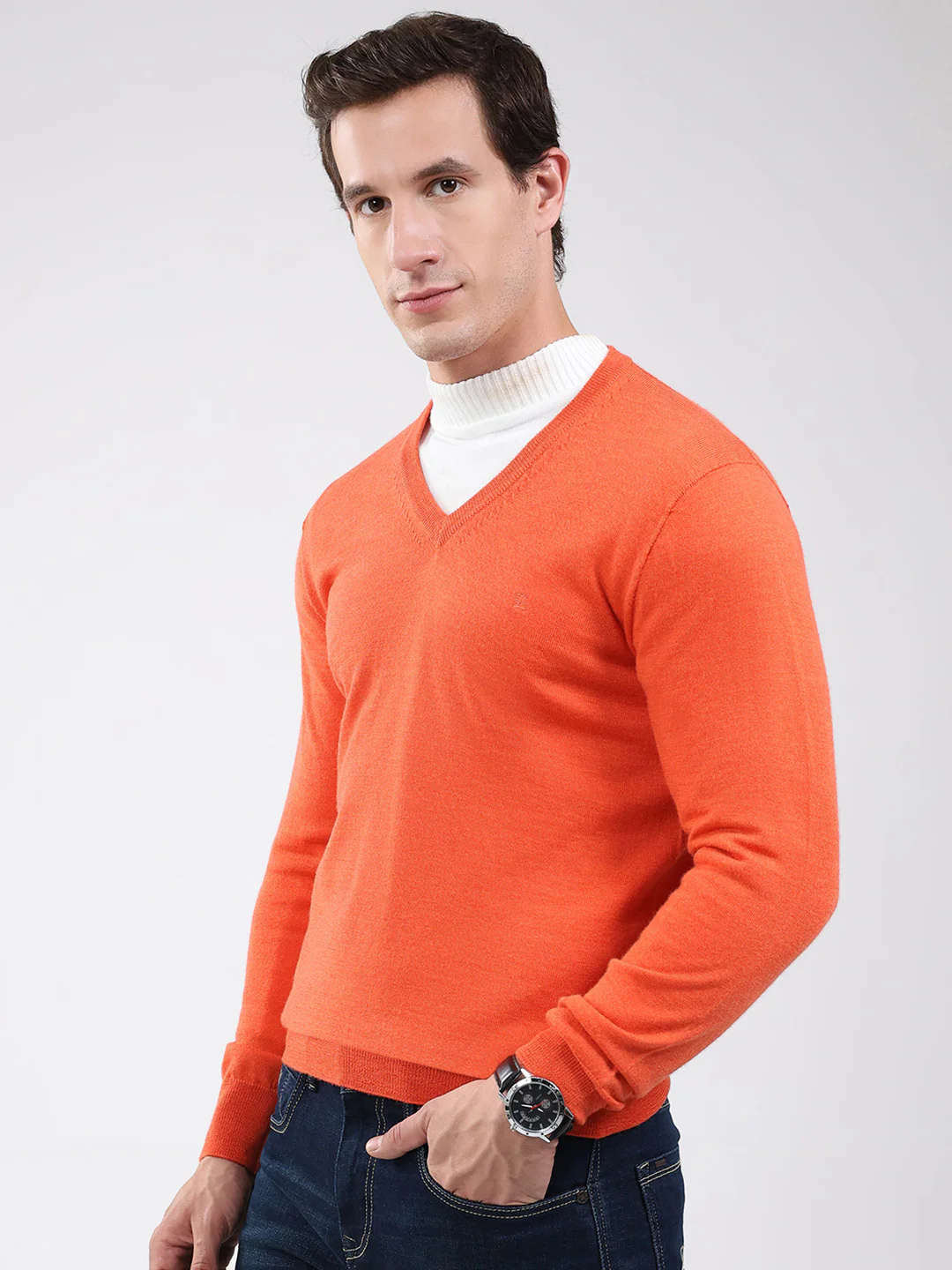 Luxuria Men Orange Solid V Neck Full Sleeve Pullover - Image 3