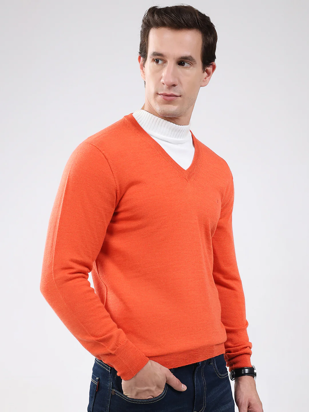 Luxuria Men Orange Solid V Neck Full Sleeve Pullover - Image 4