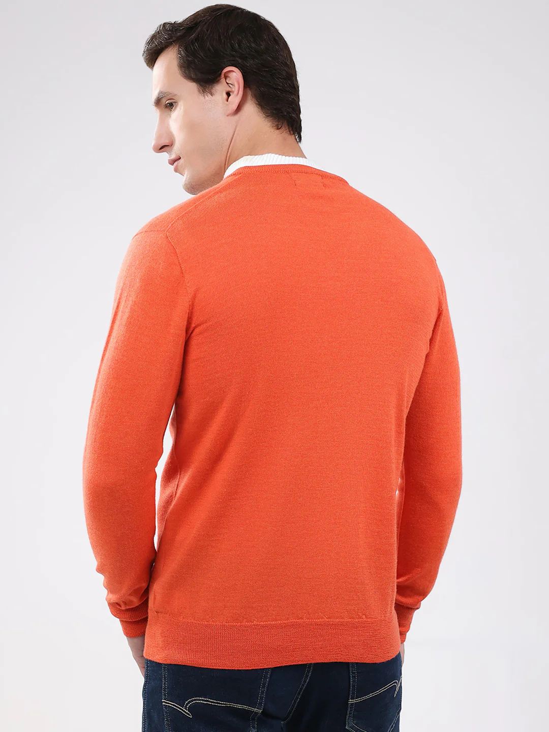 Luxuria Men Orange Solid V Neck Full Sleeve Pullover - Image 5