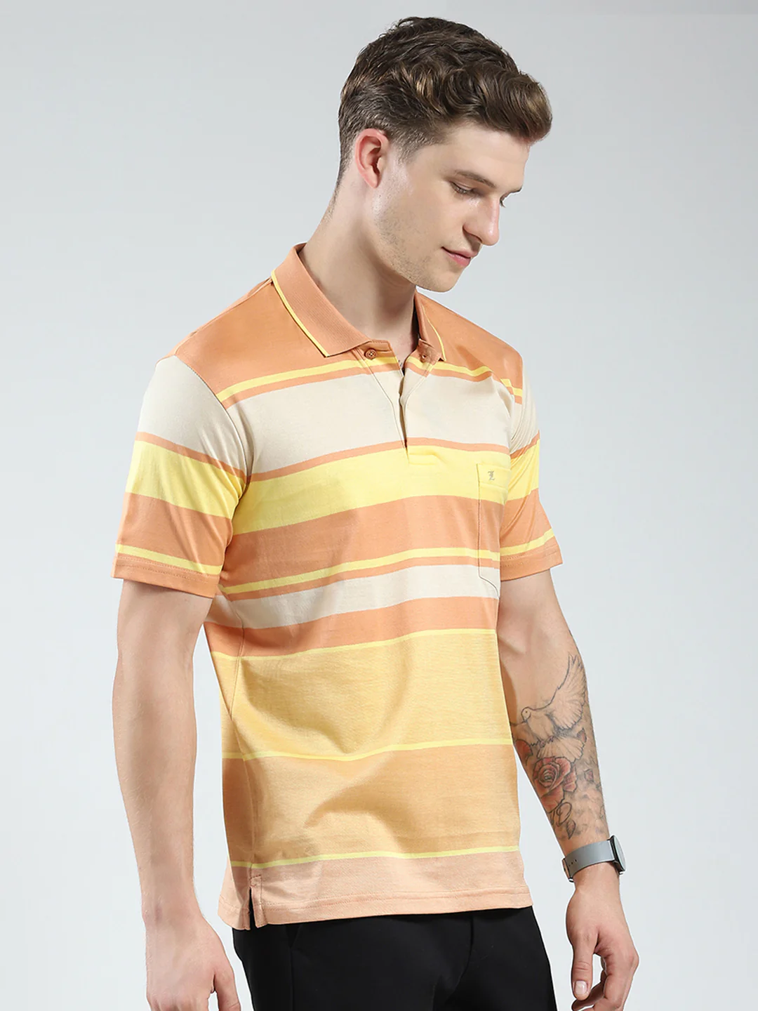 Luxuria Men Orange Stripe Collar Half Sleeve T-Shirt - Image 4
