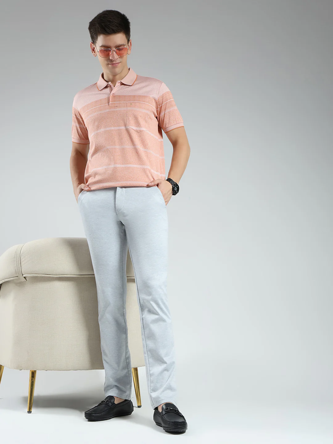Luxuria Men Orange Stripe Collar Half Sleeve T-Shirt - Image 2