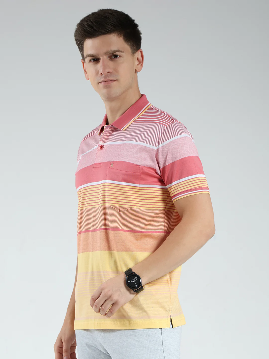 Luxuria Men Pink Stripe Collar Half Sleeve T-Shirt - Image 3
