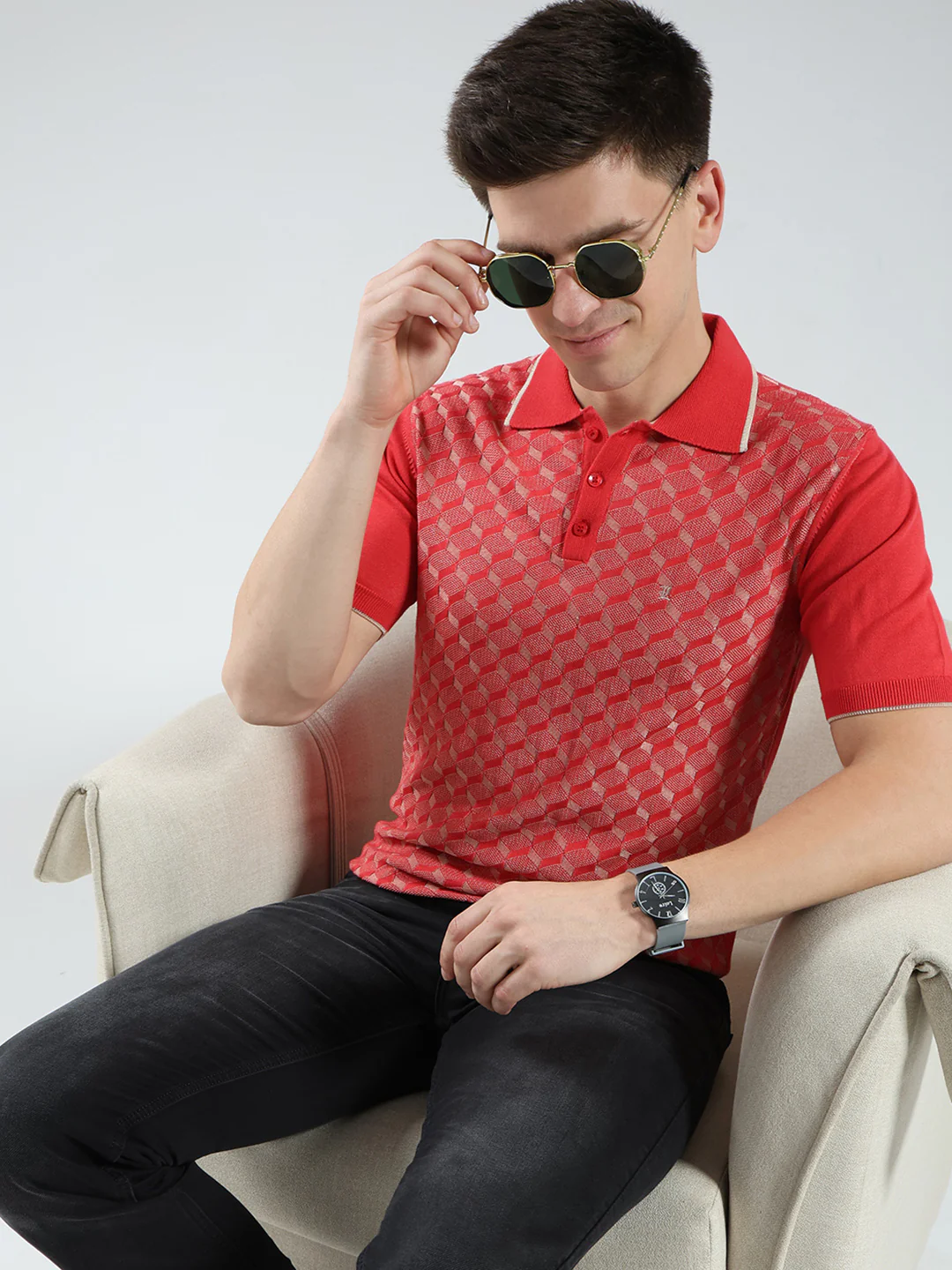 Luxuria Men Red Printed Collar Half Sleeve T-Shirt - Image 6