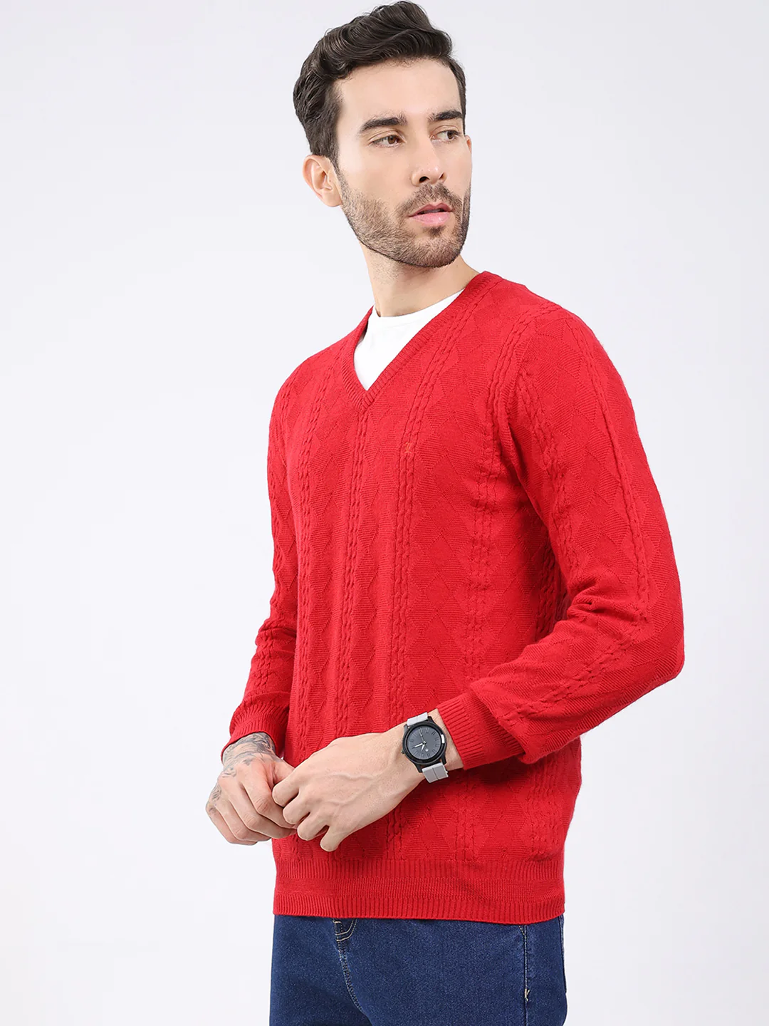 Luxuria Men Red Self Design V Neck Full Sleeve Pullover - Image 3