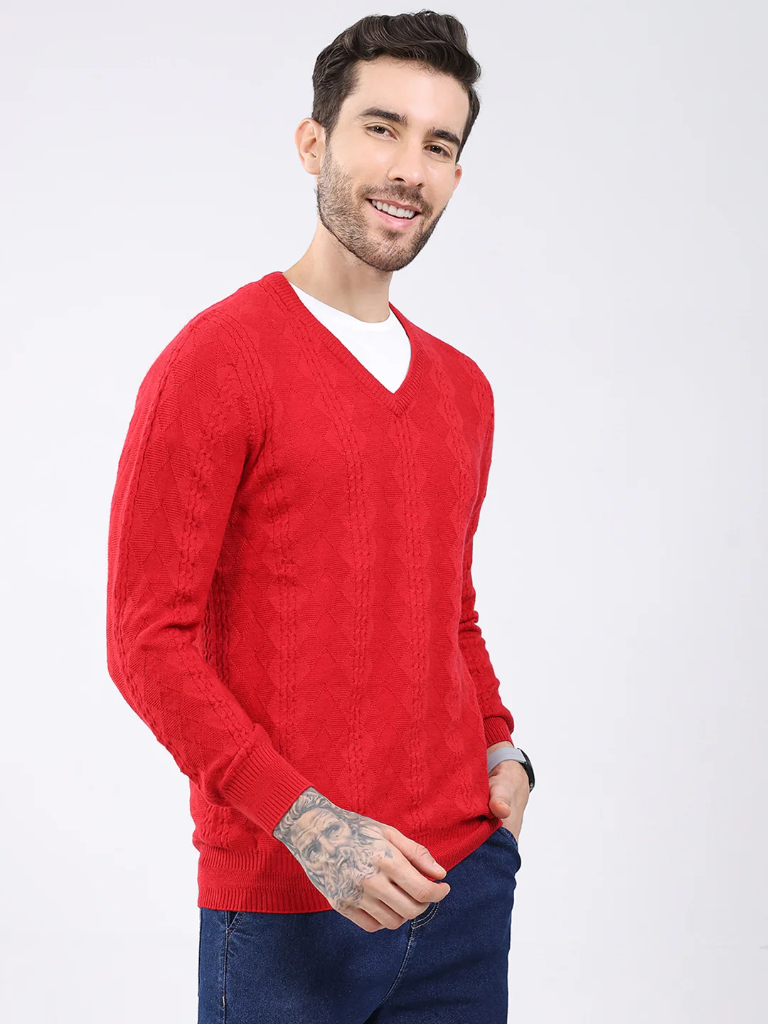 Luxuria Men Red Self Design V Neck Full Sleeve Pullover - Image 4