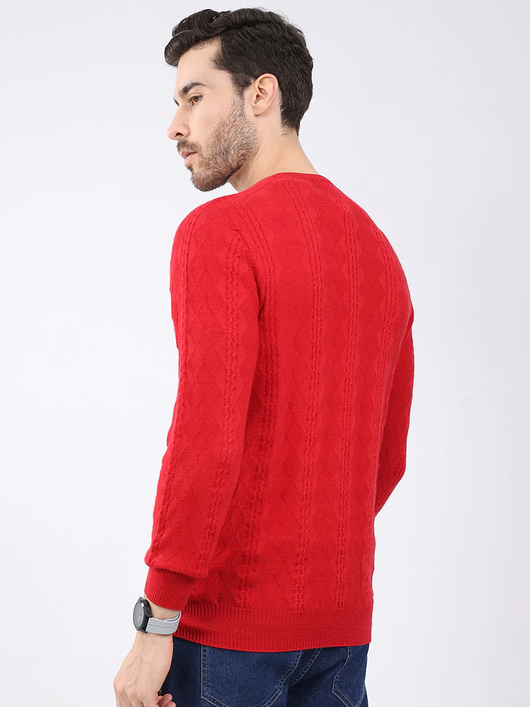 Luxuria Men Red Self Design V Neck Full Sleeve Pullover - Image 5