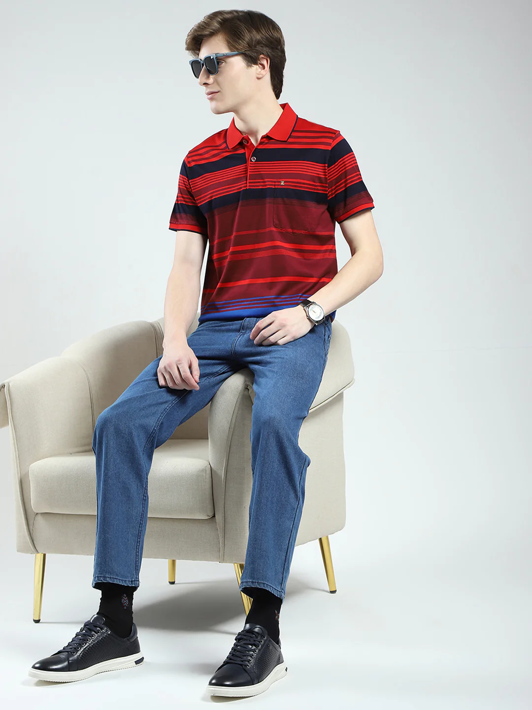 Luxuria Men Red Stripe Collar Half Sleeve T-Shirt - Image 2