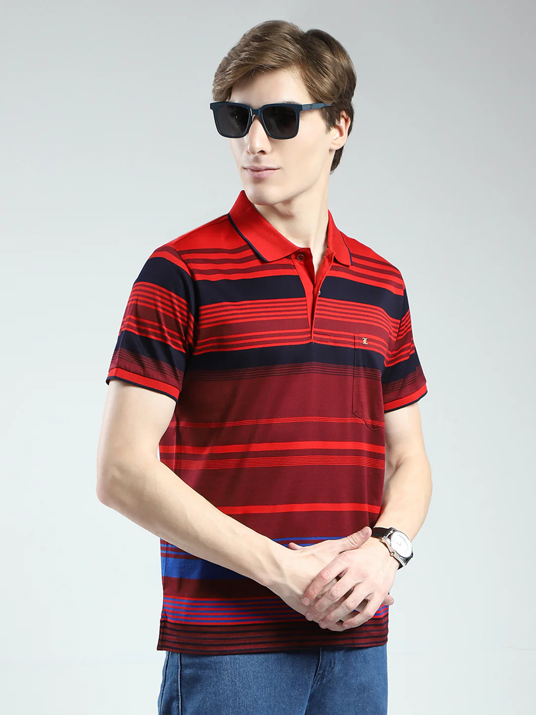 Luxuria Men Red Stripe Collar Half Sleeve T-Shirt - Image 4