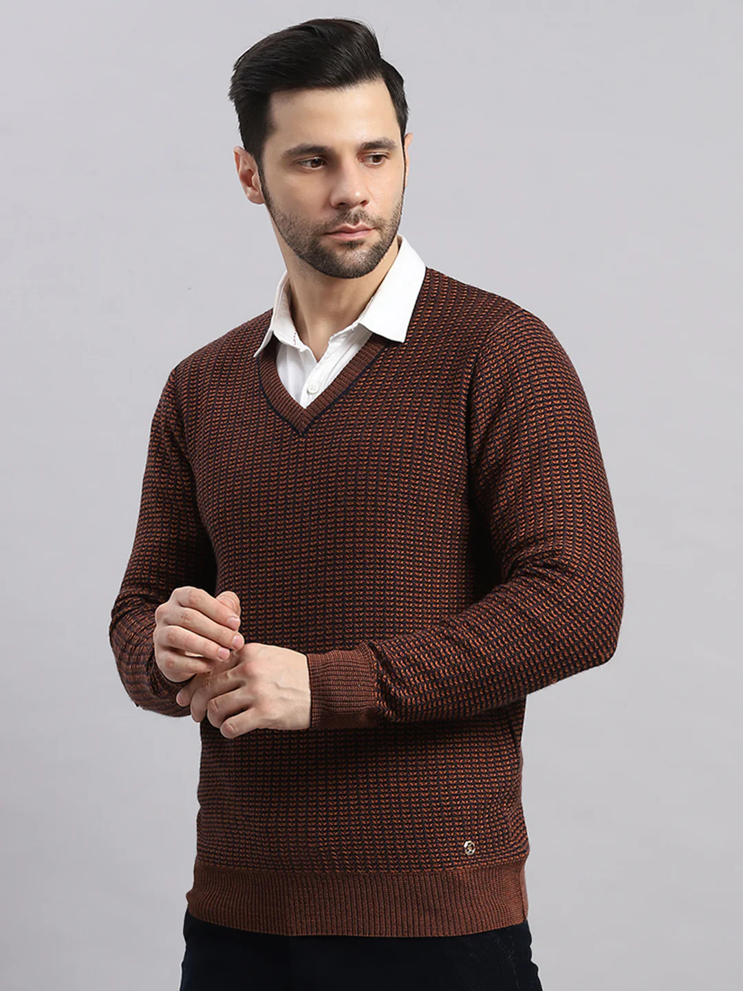 Luxuria Men Rust Printed V Neck Full Sleeve Pullover - Image 3