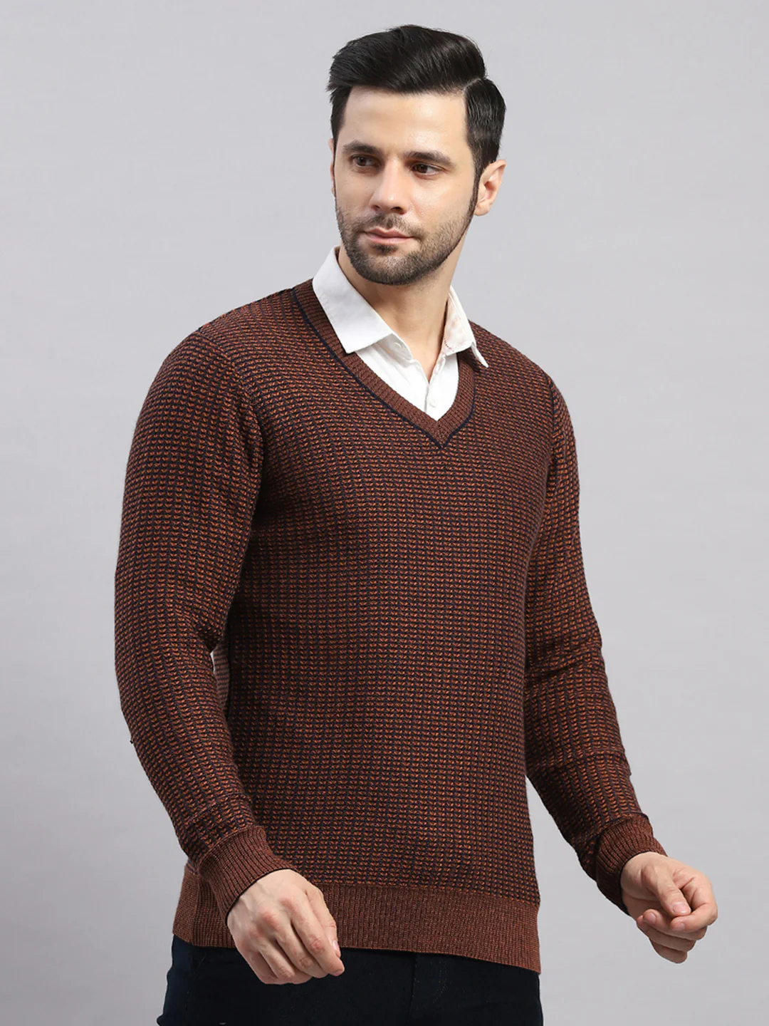 Luxuria Men Rust Printed V Neck Full Sleeve Pullover - Image 4