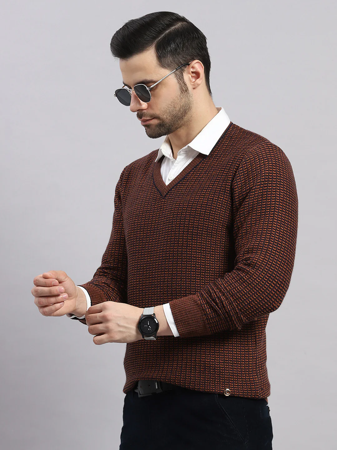 Luxuria Men Rust Printed V Neck Full Sleeve Pullover - Image 6