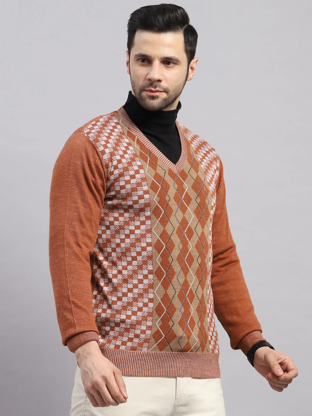 Luxuria Men Rust Printed V Neck Full Sleeve Pullover - Image 4