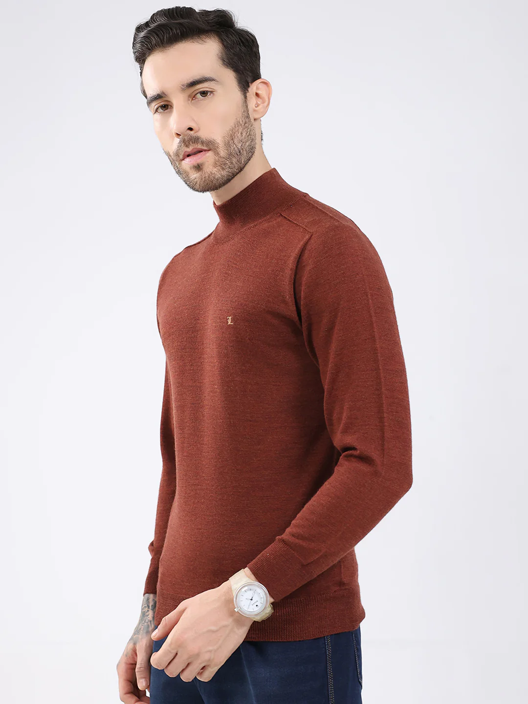 Luxuria Men Rust Solid High Neck Full Sleeve Pullover - Image 3