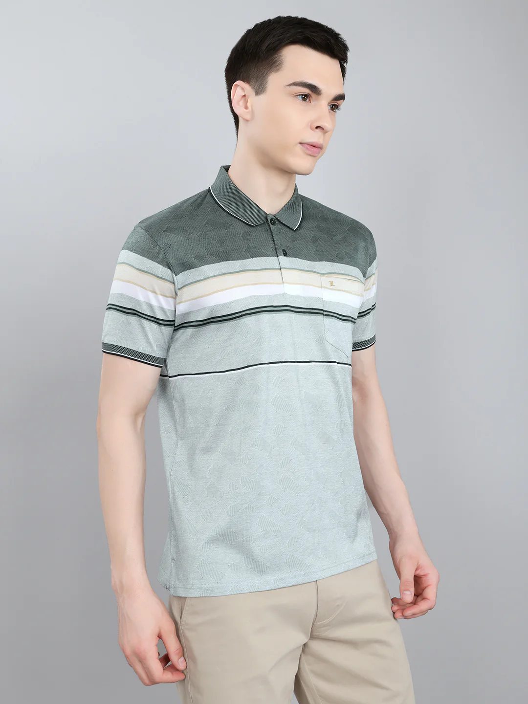 Luxuria Men Sea Green Stripe Collar Half Sleeve T-Shirt - Image 3