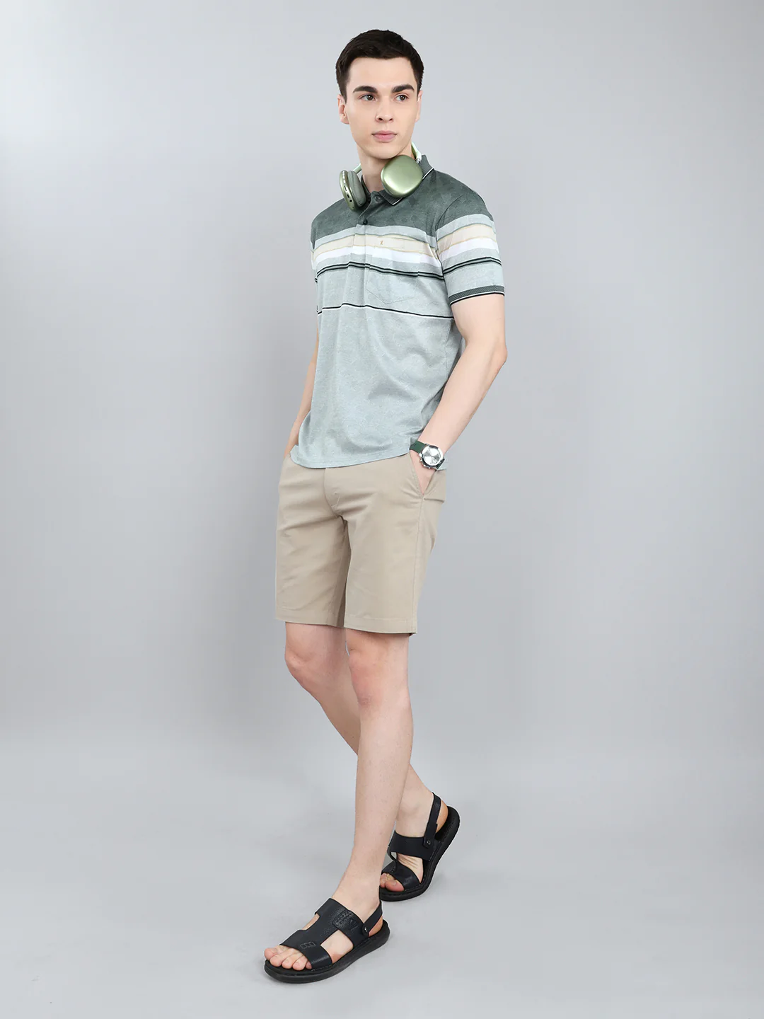 Luxuria Men Sea Green Stripe Collar Half Sleeve T-Shirt - Image 6