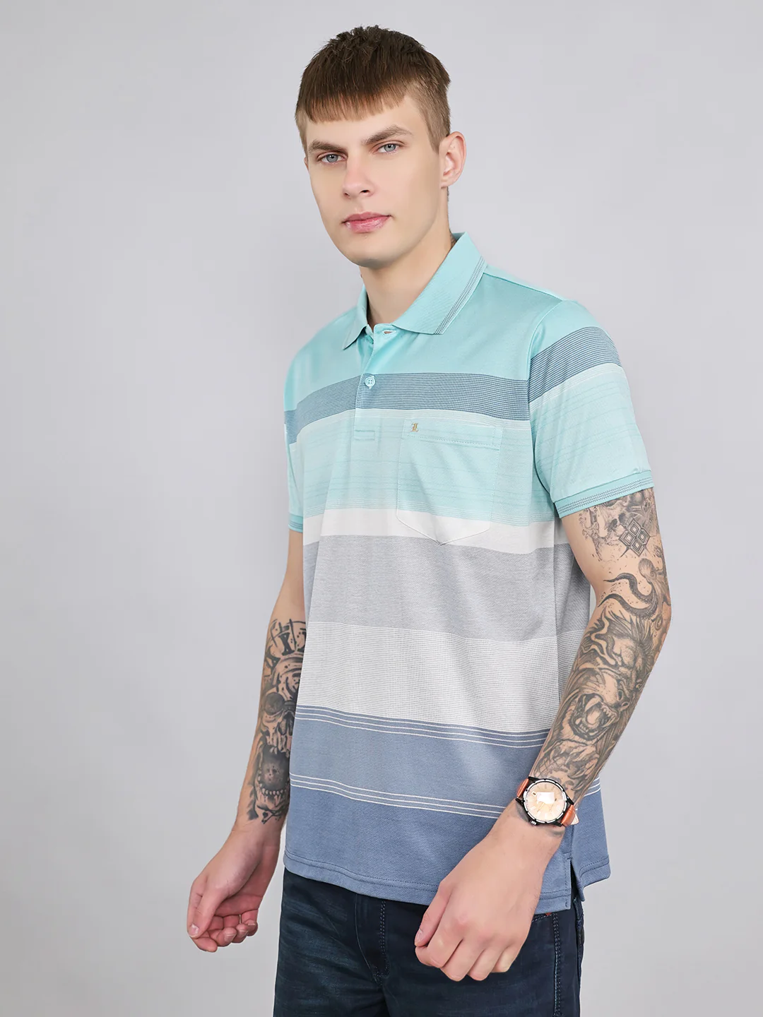 Luxuria Men Sky Blue Printed Polo Collar Half Sleeve T-Shirt - Image 2