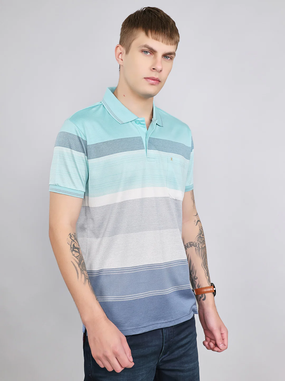 Luxuria Men Sky Blue Printed Polo Collar Half Sleeve T-Shirt - Image 3