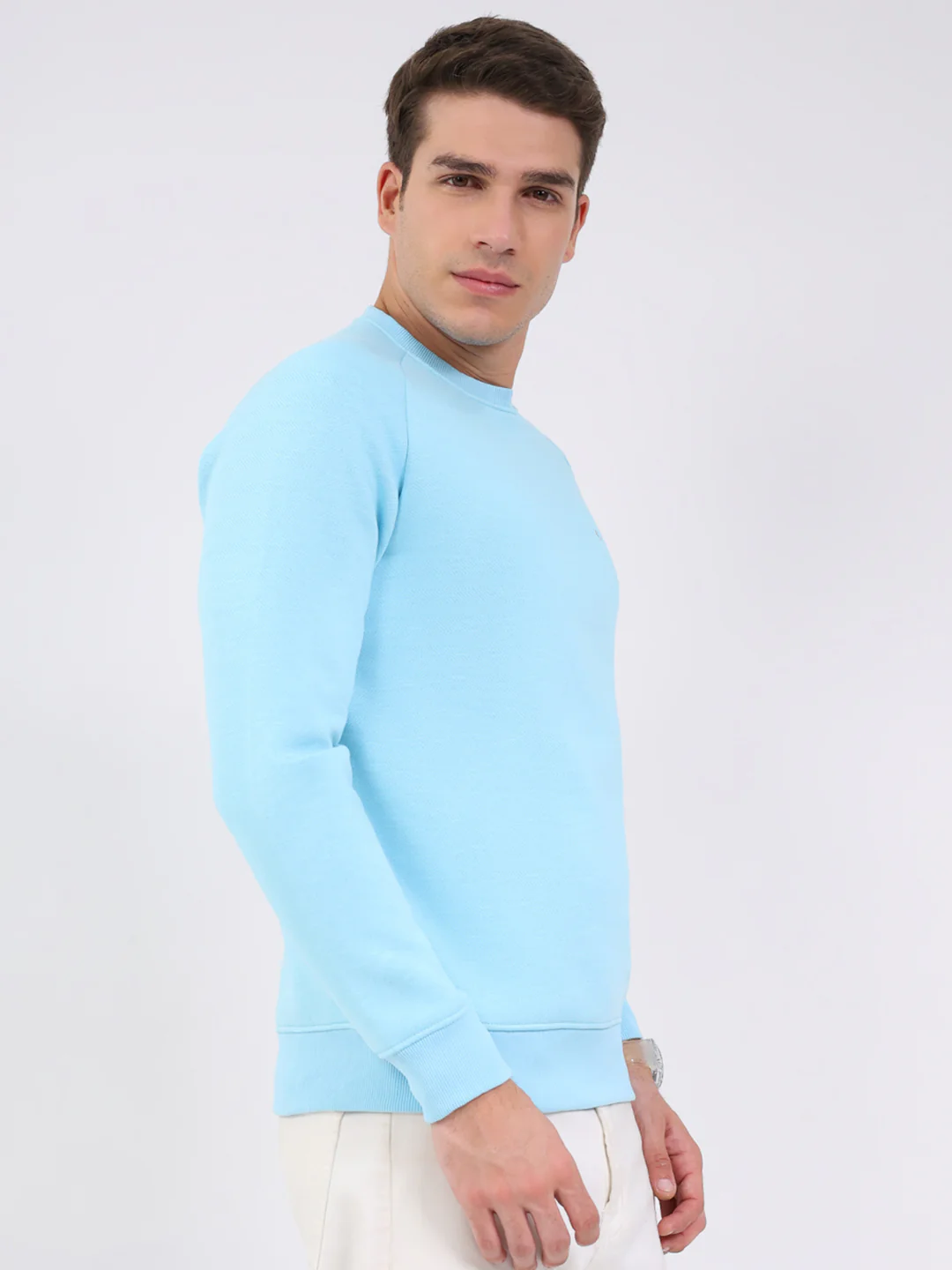 Luxuria Men Sky Blue Solid Round Neck Full Sleeve Sweatshirt - Image 4