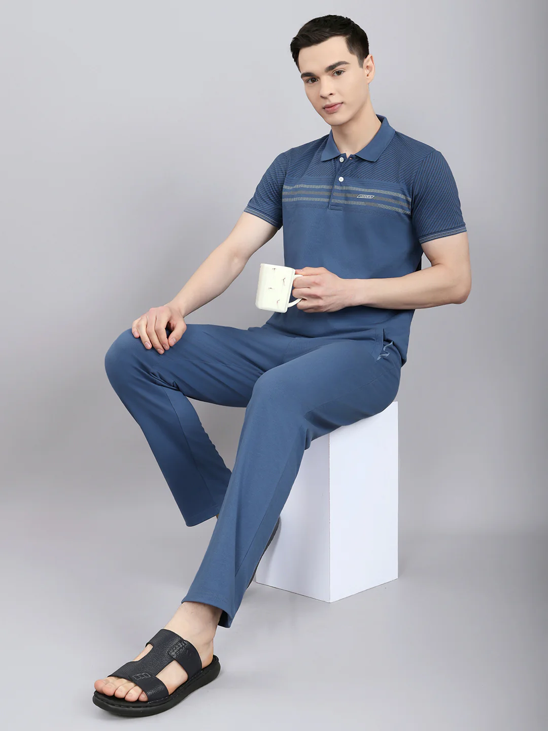 Luxuria Men Sky Blue Solid Round Neck Half Sleeve Lower Set - Image 7