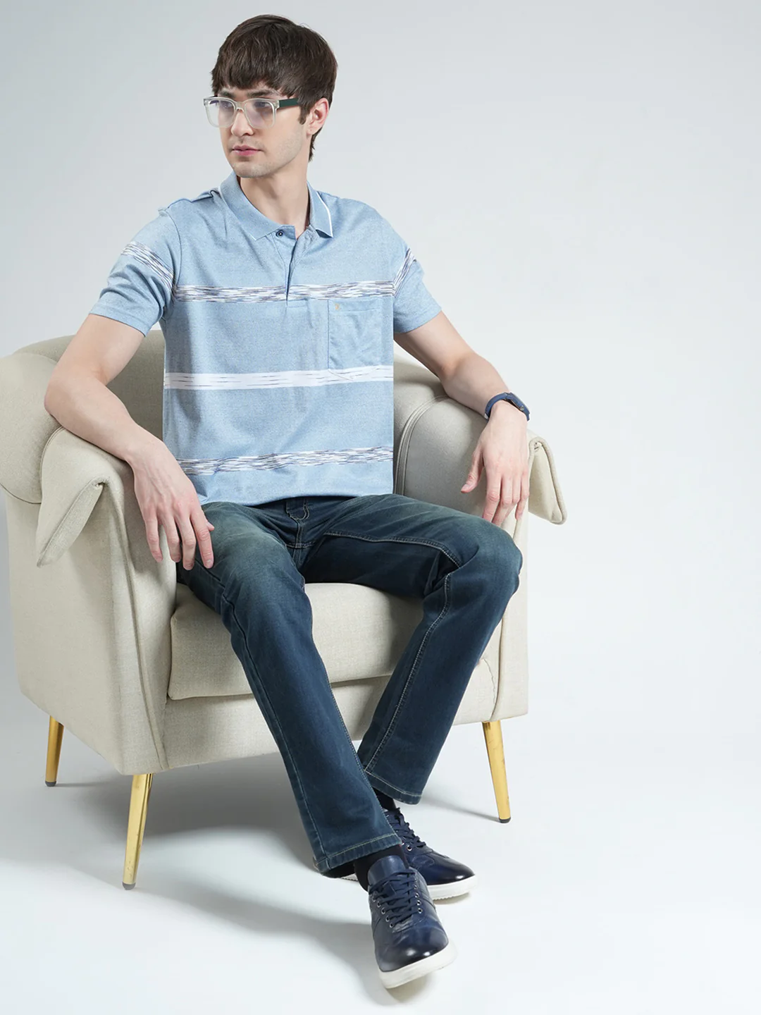Luxuria Men Sky Blue Stripe Collar Half Sleeve T-Shirt - Image 2