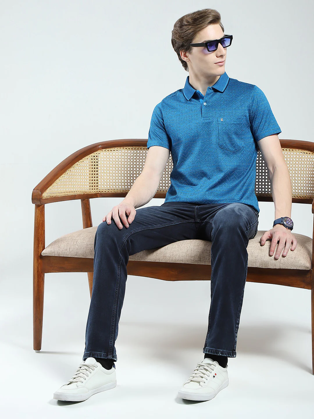 Luxuria Men Teal Blue Self Design Collar Half Sleeve T-Shirt - Image 2