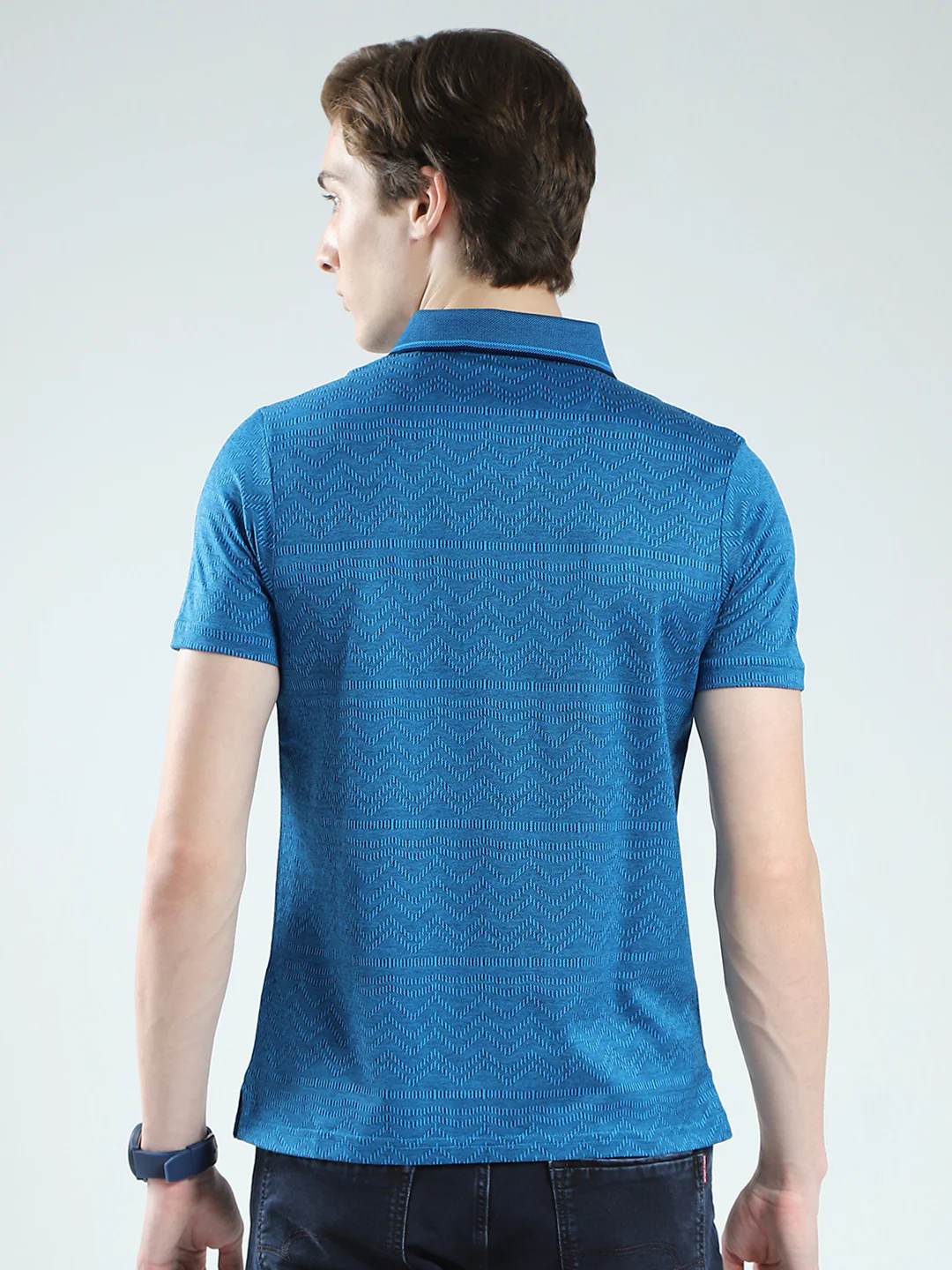 Luxuria Men Teal Blue Self Design Collar Half Sleeve T-Shirt - Image 5
