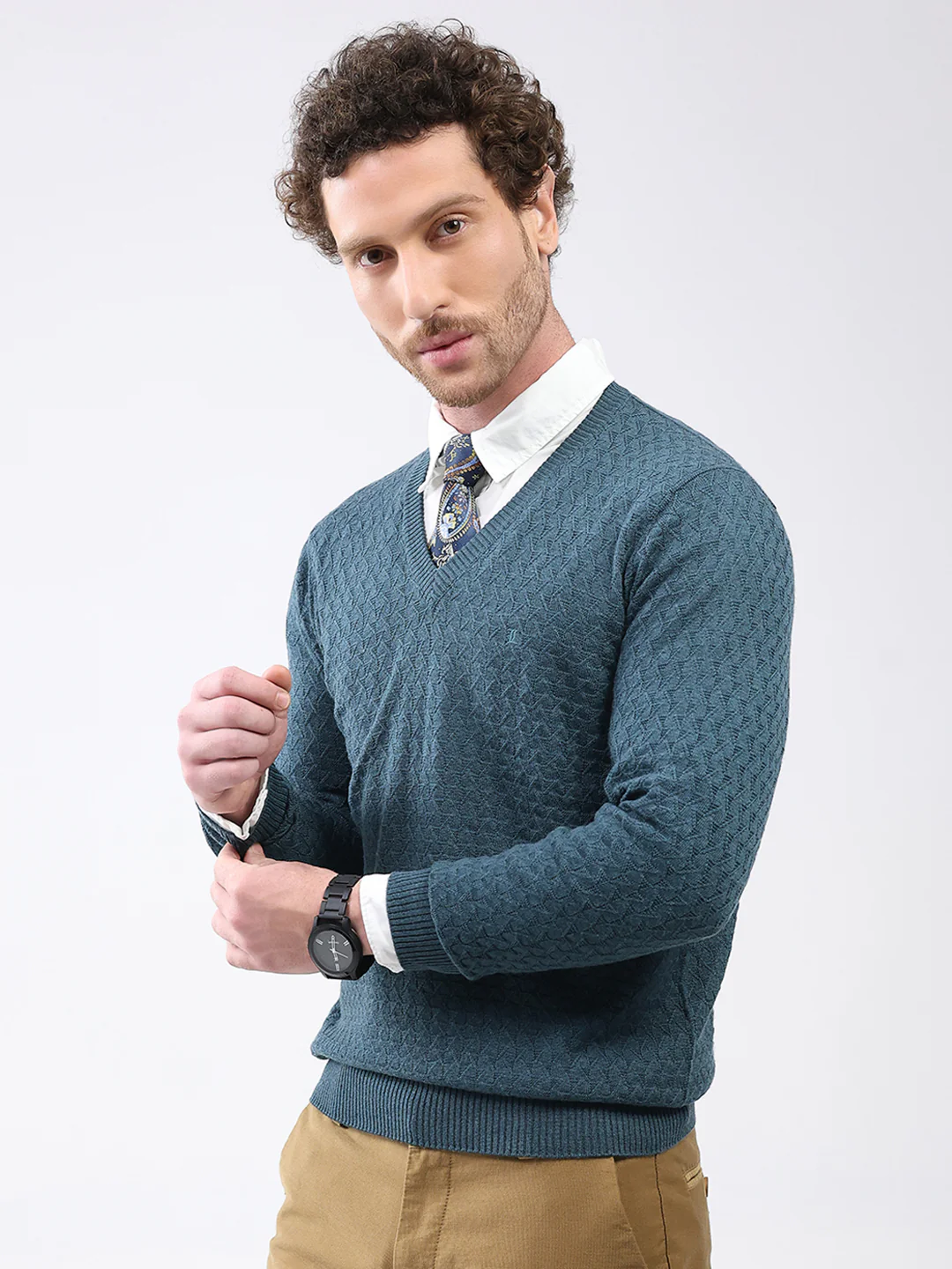 Luxuria Men Teal Blue Self Design V Neck Full Sleeve Pullover - Image 3