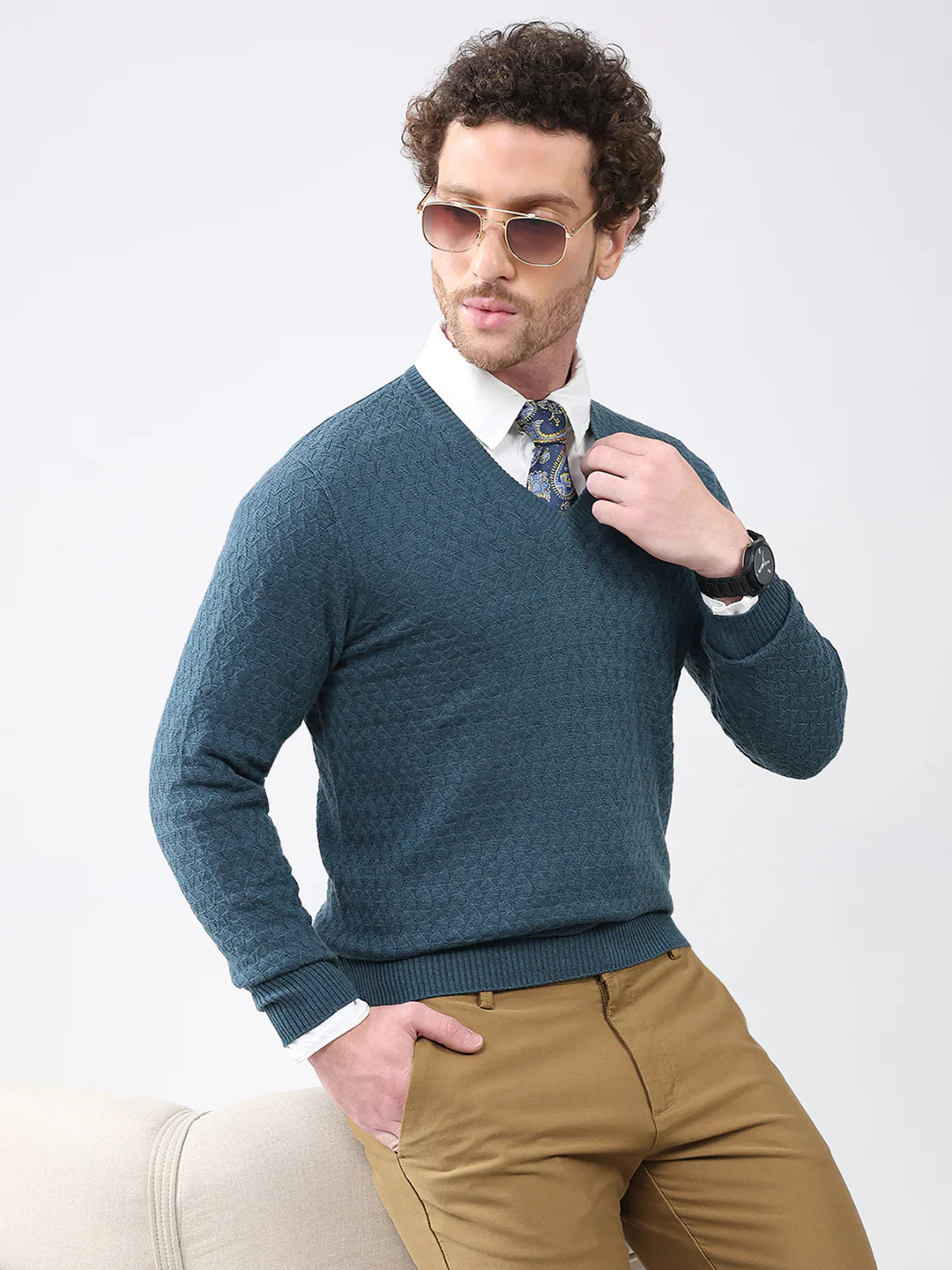Luxuria Men Teal Blue Self Design V Neck Full Sleeve Pullover - Image 6