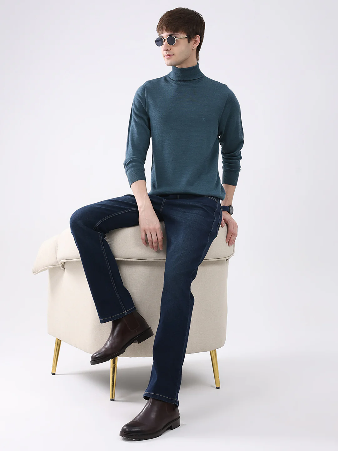 Luxuria Men Teal Blue Solid High Neck Full Sleeve Pullover - Image 2