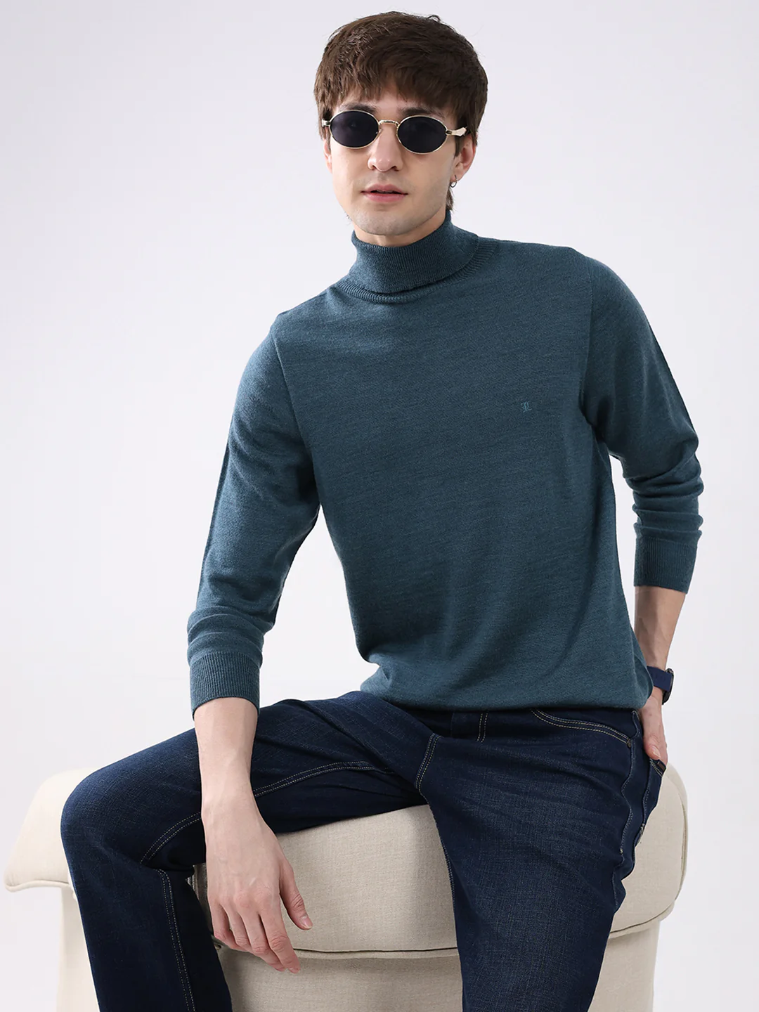 Luxuria Men Teal Blue Solid High Neck Full Sleeve Pullover - Image 6