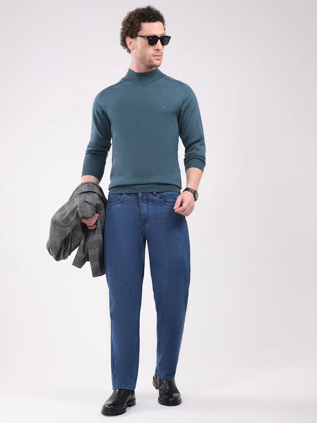 Luxuria Men Teal Blue Solid T Neck Full Sleeve Pullover - Image 2
