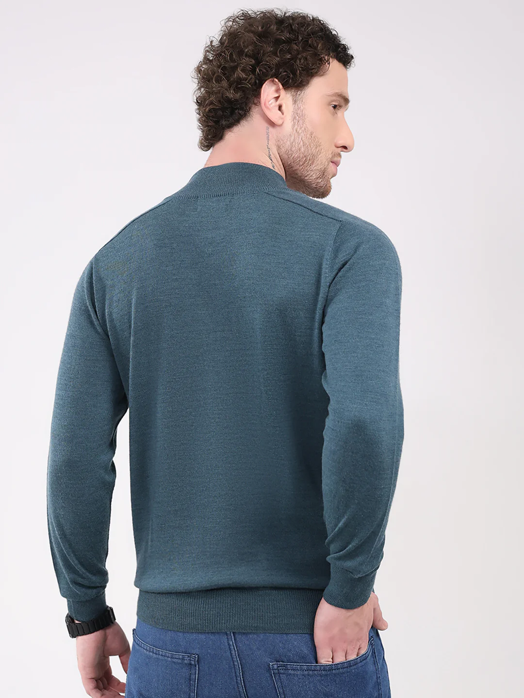 Luxuria Men Teal Blue Solid T Neck Full Sleeve Pullover - Image 5