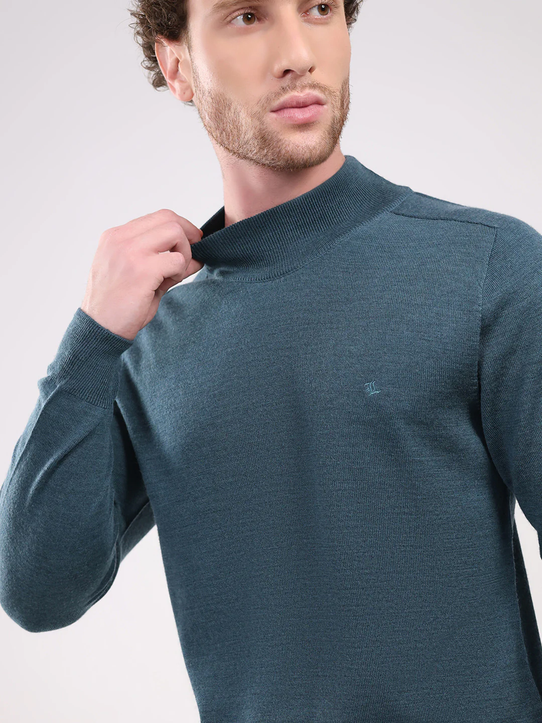 Luxuria Men Teal Blue Solid T Neck Full Sleeve Pullover - Image 6