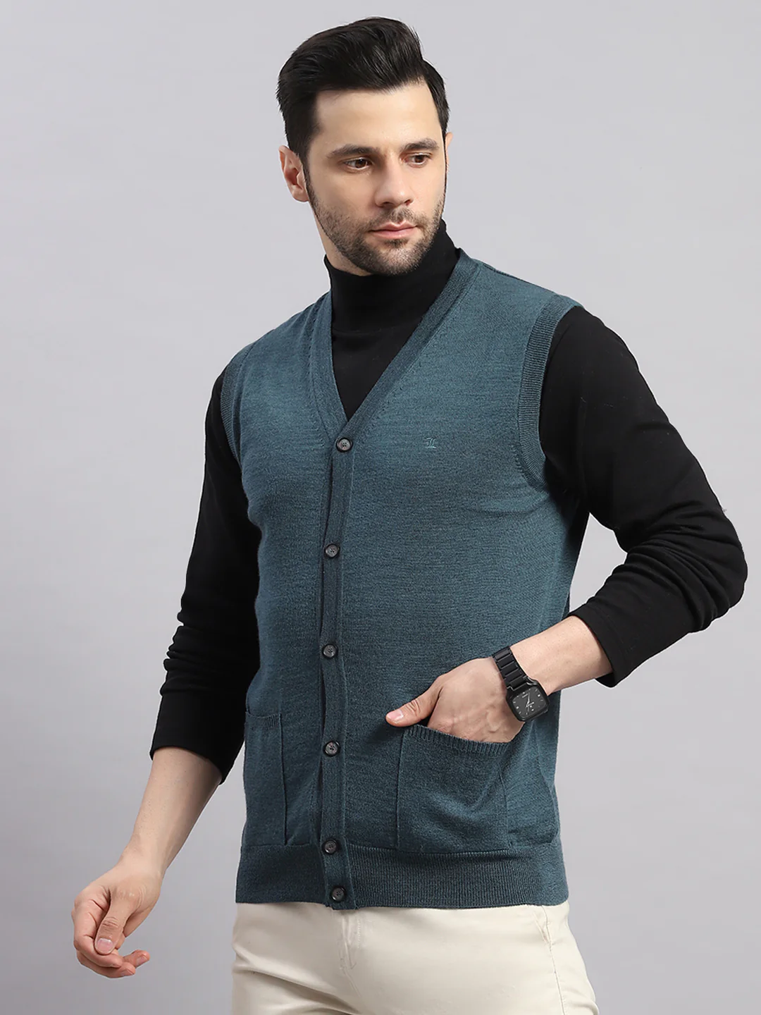Luxuria Men Teal Blue Solid V Neck Sleeveless Cardigan - Image 3